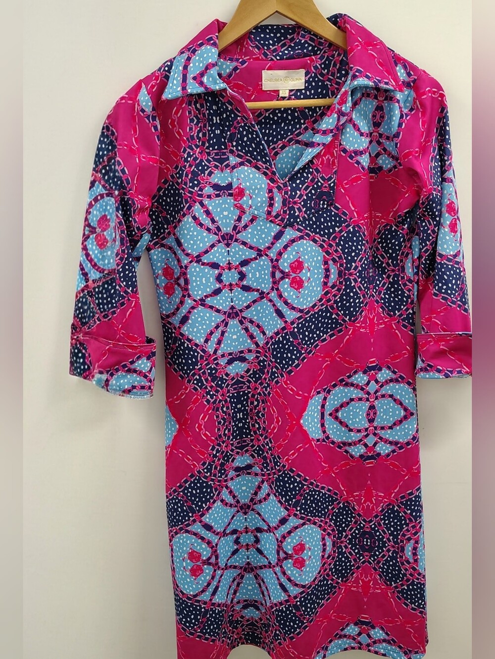 Striking Geometric Magenta & Blue Fitted McLaughlin Style dress XS by Chelsea